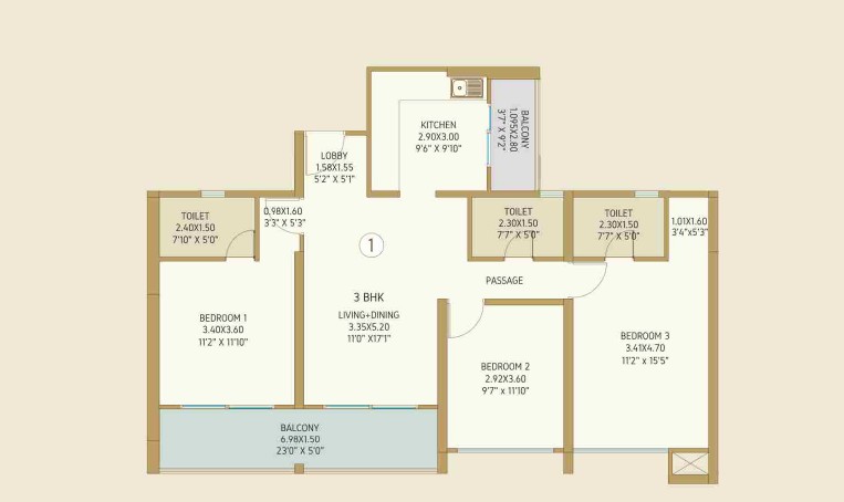 Bramha Sun Valley 3 BHK Floor Plan
